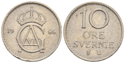 Швеция 10 эре 1966 Густав VI Адольф (1950-1973) KM 835 медно-никель 3309-648