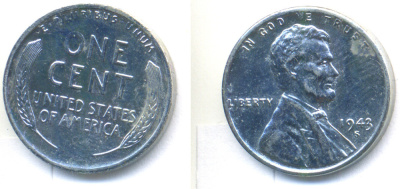 США 1 цент 1943 S (Сан-Франциско), Авраам Линкольн KM 132a сталь плакированная цинком 4392-727