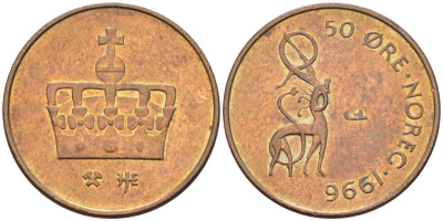 Норвегия 50 эре 1996 Харальд V (1991- ) KM 460 бронза 4582-547