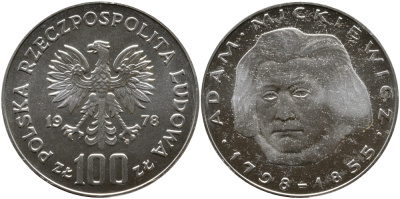 Польша 100 злотых 1978 MW, Адам Мицкевич (1798-1855) KM 92 серебро PROOF 441-542