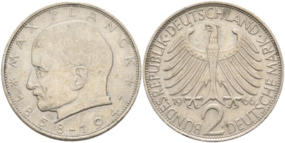 ФРГ 2 марки 1966 F , Макс Планк KM 116, J. 392 медно-никель плакированный никелем 4139-145
