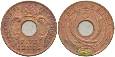 Британская Восточная Африка 5 центов 1943 Георг VI (1936-1952) KM 25.2 бронза 210-1135