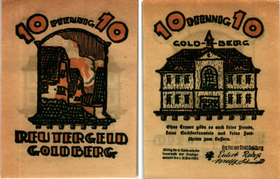 ГОЛЬДБЕРГ 10 ПФЕННИГОВ 1922 НОТГЕЛЬД, ИЮНЬ 1922 - 31 МАЯ 1922, ЗЕМЛЯ МЕКЛЕНБУРГ ПЕРЕДНЯЯ ПОМЕРАНИЯ Grabowski 452.1 бумага 7547-93-2-3