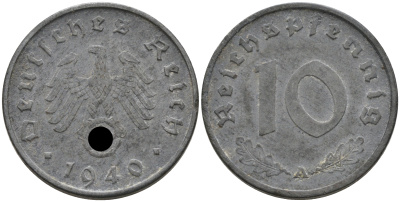 ГЕРМАНИЯ 10 РЕЙХСПФЕННИГОВ 1941 A J. 371, KM 101 цинк 75-224