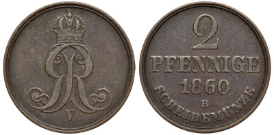 Брауншвейг-Каленберг-Ганновер 2 пфеннига 1860 B, Георг V (1851-1866) KM 234,aKS 153, J. 91 медь 4142-411
