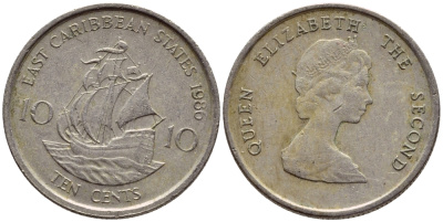 Восточно-Карибские штаты 10 центов 1986 Елизавета II (1952-2022), парусник KM 13 медно-никель 4392-1147