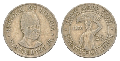 Либерия 25 центов 1976 ФАО - Выращивать больше еды KM 30 медно-никель 4641-1251