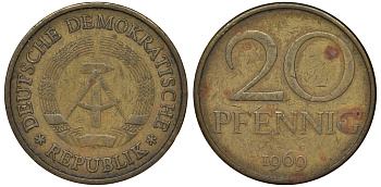 ГДР 20 пфеннигов 1969 А, первый год KM 11 латунь 62-1214