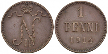 Россия для Финляндии 1 пенни 1914 Николай II (1894-1917) KM 13, Биткин 474 медь 4396-1415