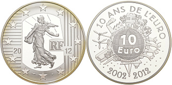 Франция 10 евро 2012 10 лет введения наличного евро KM 1889 серебро PROOF 11-151-25