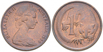 АВСТРАЛИЯ 1 ЦЕНТ 1980 ЕЛИЗАВЕТА II, МОЛОДОЙ ПОРТРЕТ, ОПОССУМ КМ 62 бронза 3955-459