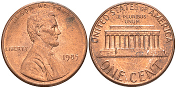 США 1 ЦЕНТ 1985 ЛИНКОЛЬН KM 201b цинк плакированный медью UNC 187-724