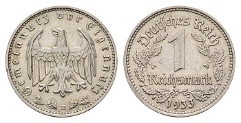 Германия 1 рейхсмарка 1933 D KM 78, J. 354 никель 633-521