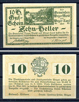 Вайер Маркт и Вайер Ланд (Австрия) 10 геллеров 1920 Jaksc/Pick?JPR1175-10 бумага UNC (пресс) 7556-35-1-2