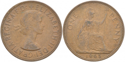 Великобритания 1 пенни 1965 Елизавета II (1952-2022) КМ 897, Spink 4157 бронза 215-342