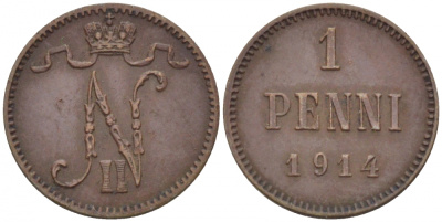 Россия для Финляндии 1 пенни 1914 Николай II (1894-1917) KM 13, Биткин 474 медь 4396-1415