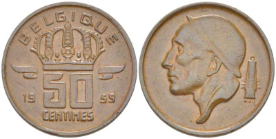 БЕЛЬГИЯ 50 САНТИМОВ 1959 BELGIQUE, БОДУЭН I (1951-1993) KM 148.1 бронза 214-448