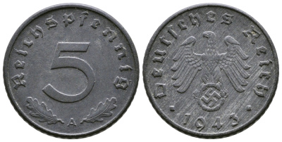 ГЕРМАНИЯ 5 РЕЙХСПФЕННИГОВ 1943 A, KM 100, J. 370 цинк 80-828