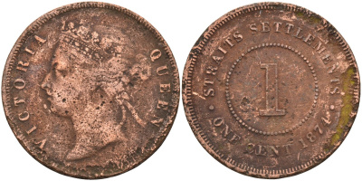 Стрейтс-Сетлментс 1 цент 1874 Виктория (1837-1901), Ост-Индская компания KM 9 медь 4590-335