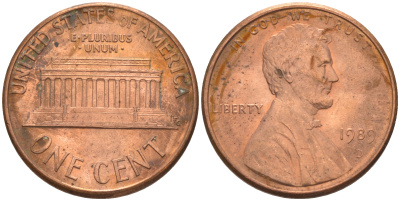 США 1 цент 1989 D, Линкольн KM 201b цинк плакированный медью 63-363
