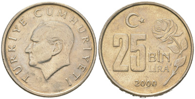 Турция 25000 лир 2000 Мустафа Кемаль Ататюрк KM 1041 медь цинк никель 4582-336