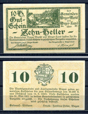 Вайер Маркт и Вайер Ланд (Австрия) 10 геллеров 1920 Jaksc/Pick?JPR1175-10 бумага UNC (пресс) 7556-35-1-2