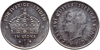 Швеция 1 крона 2002 Карл XVI Густав (1973- ) KM 894 медно-никель 4364-1357