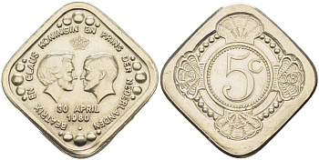 НИДЕРЛАНДЫ ЖЕТОН 1980 КОРОНАЦИЯ КОРОЛЕВЫ БЕАТРИКС 30 АПРЕЛЯ 1980, БЕАТРИКС И ПРИНЦ КЛАУС медно-никель 83-1744