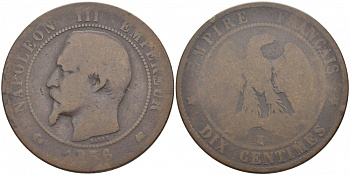 ФРАНЦИЯ 10 САНТИМОВ 1856 K, НАПОЛЕОН III (1852-1870) KM 771.5, LA FRANC 133.36 бронза 114-1212
