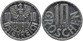 АВСТРИЯ 10 ГРОШЕЙ 1990 KM 2878 алюминий 33-347