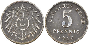 ГЕРМАНИЯ 5 ПФЕННИГОВ 1916 D KM 19, J. 297, Weege 5 железо 206-713