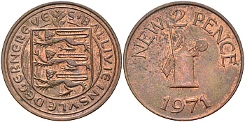 Гернси 2 пенса 1971 Елизавета II (1952-2022), ветряная мельница KM 22 бронза XF-UNC 4583-213