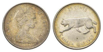 Канада 25 центов 1967 пума, 100 лет Конфедерации Канада, Ссеребро 0.800, вес 5,83 гр, диаметр 23,88 мм KM 67 серебро 4622-922