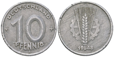 ГДР 10 пфеннигов 1948 A KM 3 алюминий 201-715