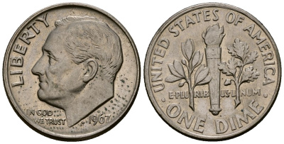 США 10 центов (дайм) 1967 Рузвельт KM 195a медь плакированная медно-никелем 4164-937