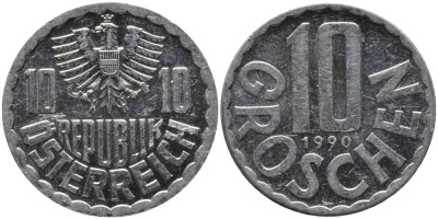 АВСТРИЯ 10 ГРОШЕЙ 1990 KM 2878 алюминий 33-347