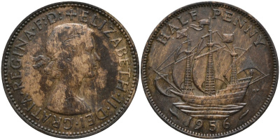 Великобритания 1/2 пенни 1956 Елизавета II (1952-2022) KM 896, Spink 4158 бронза 4171-643