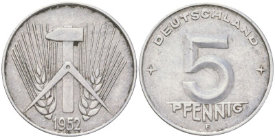 ГДР 5 пфеннигов 1952 E KM 6 алюминий 4613-941