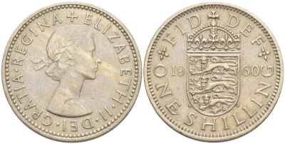 Великобритания 1 шиллинг 1960 Елизавета II (1952-2022), Английский герб KM 904, Spink 4147 медно-никель 217-334