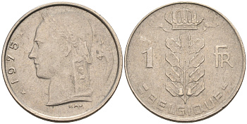 БЕЛЬГИЯ 1 ФРАНК 1975 BELGIQUE KM 142.1 медно-никель 92-351