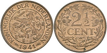 Нидерланды 2 1/2 цента 1941 Вильгельмина (1890-1948) KM 150 бронза 4579-233
