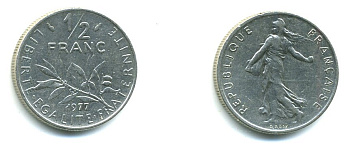 ФРАНЦИЯ 1/2 ФРАНКА 1977 СЕЯТЕЛЬ KM 931.1, LE FRANC 198.16 никель 23-1135