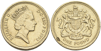 Англия 1 фунт 1993 КОРОЛЕВСКИЙ БРИТАНСКИЙ ГЕРБ KM 964, Spink 4336 никель латунь 88-512