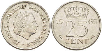 Нидерланды 25 центов 1965 Юлиана (1949-1980) KM 183 никель 214-944