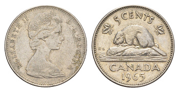 Канада 5 центов 1965 Елизавета II (1952-2022), бобр KM 60.1 никель 4639-445