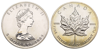 Канада 5 долларов 1989 Кленовый лист, Елизавета II KM 163 серебро BU 413-4521