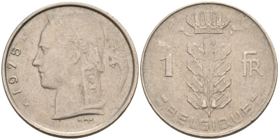 БЕЛЬГИЯ 1 ФРАНК 1975 BELGIQUE KM 142.1 медно-никель 92-351