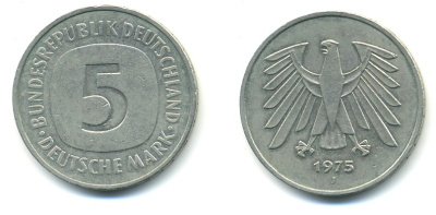ФРГ 5 марок 1975 J, монетный двор Гамбург КМ 140.1, J. 415 медно-никель плакированный никелем 4379-115