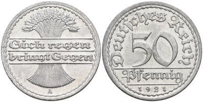 Германия 50 пфеннигов 1921 A KM 27, J.301, Weege 10 алюминий UNC 4584-821