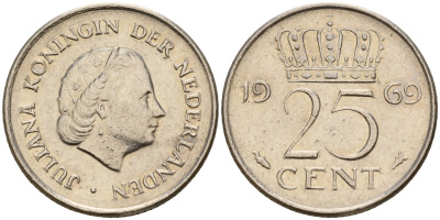 Нидерланды 25 центов 1969 Юлиана (1949-1980) VIS KM 183 никель    4598-431